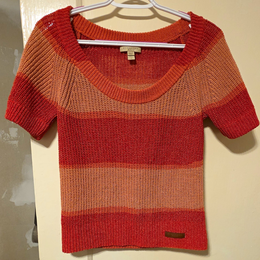 Burberry Brit Women's Petite PXS Knit Striped Scoop Neck SS Top Orange Beige
